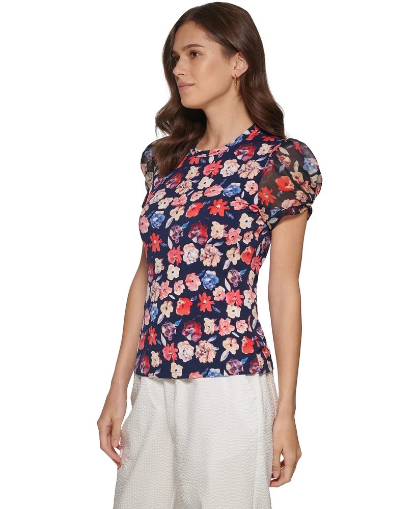 Dkny Petite Floral-Print Puff-Sleeve Blouse