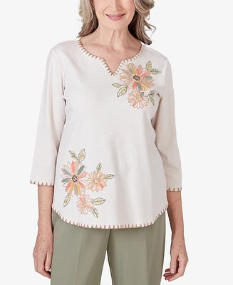 Alfred Dunner Petite Tuscan Sunset Embroidered Flower Top