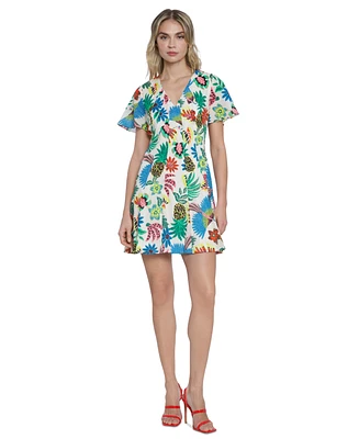 Donna Morgan Women's Cotton Tropical-Print Mini Dress