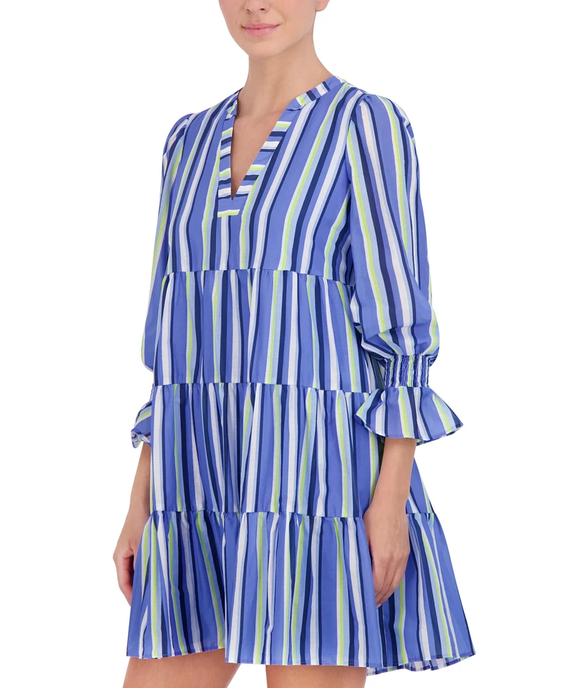 Eliza J Women's Striped Smocked-Sleeve Tiered Dress
