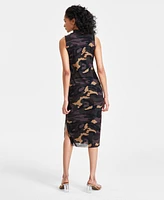 Bar Iii Women's Camo-Print Mock-Neck Sleeveless Mesh Midi Dress, Created for Macy's