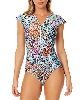 Anne Cole Women's Printed Flutter-Sleeve Zip-Up One-Piece Swimsuit