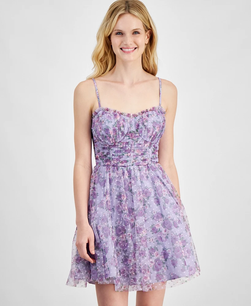 City Studios Juniors' Printed Bustier Fit & Flare Tulle Dress