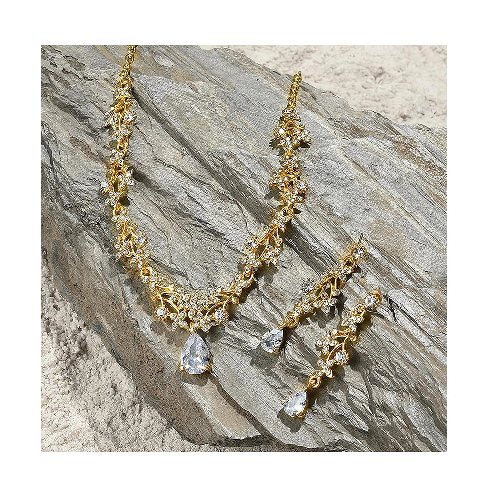 Sohi Women's Gold Intricate Stone Teardrop Necklace And Earrings (Set Of 2)