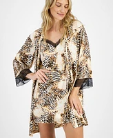 I.n.c. International Concepts Women's Lace-Trim Animal-Print Stretch Satin Robe, Created for Macy's