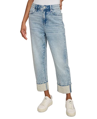 Karl Lagerfeld Paris Women's Crystal Cuff Straight-Leg Jeans