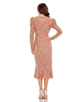 Mac Duggal Women's Sequined Long Sleeve High Neck Trumpet Dress