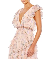 Mac Duggal Women's Ieena Ruffled Floral Print Cap Sleeve Gown