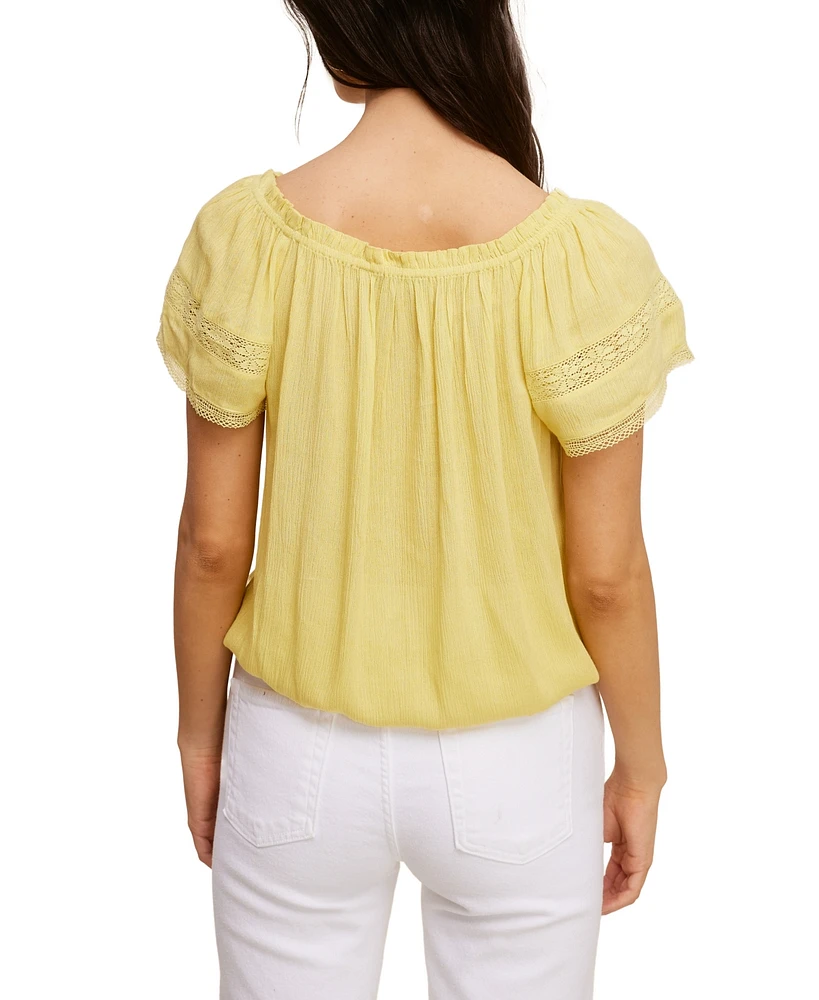 John Paul Richard Solid Peasant Top with Lace Trim Sleeve