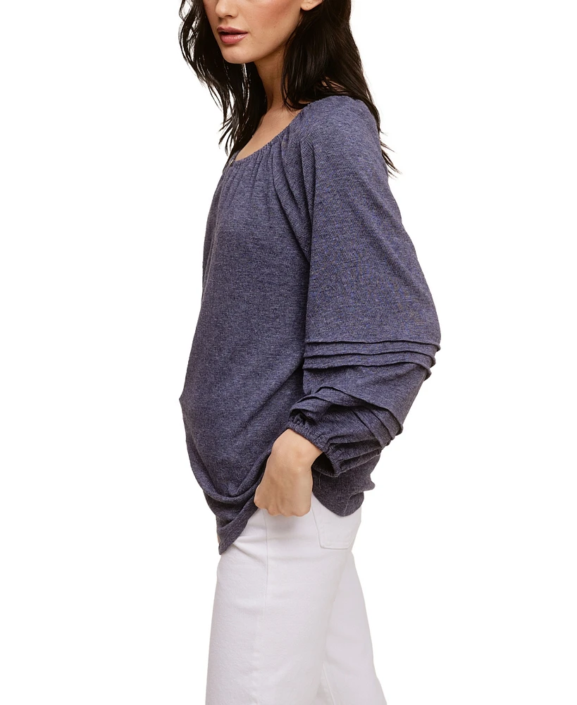 John Paul Richard Slub Gauze Knit Top with Pleating Detail on 3/4 Sleeve