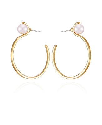 T Tahari Gold-Tone Imitation Pearl Open Hoop Earrings