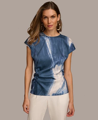 Donna Karan Women's Printed Side-Ruched Short Sleeve Top