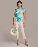 Donna Karan Women's Printed Side-Ruched Short Sleeve Top