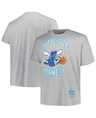 Men's Mitchell & Ness Heather Gray Distressed Charlotte Hornets Big and Tall Hardwood Classics Vintage-Like Logo T-shirt
