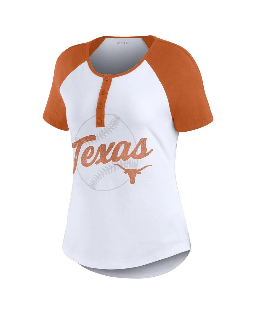 Women's Wear by Erin Andrews White Distressed Texas Longhorns Baseball Logo Raglan Henley T-shirt