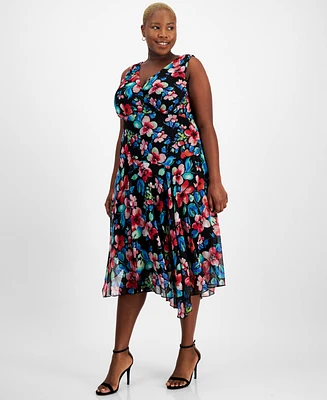 Connected Plus Printed Surplice-Neck Handkerchief-Hem Dress