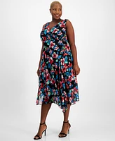 Connected Plus Printed Surplice-Neck Handkerchief-Hem Dress