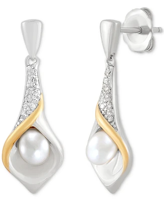 Cultured Freshwater Pearl (6 x 4mm) Flower Bud Inspired Drop Earrings in Sterling Silver & 14k gold