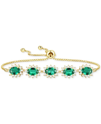 Lab-Grown Emerald (2-1/2 ct. t.w.) & Lab-Grown White Sapphire (3/4 ct. t.w.) Five Stone Halo Bolo Bracelet in 14k Gold-Plated Sterling Silver