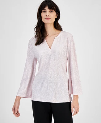 Jm Collection Women's Shine 3/4 Sleeve Plisse Split-Neck Top, Created for Macy's