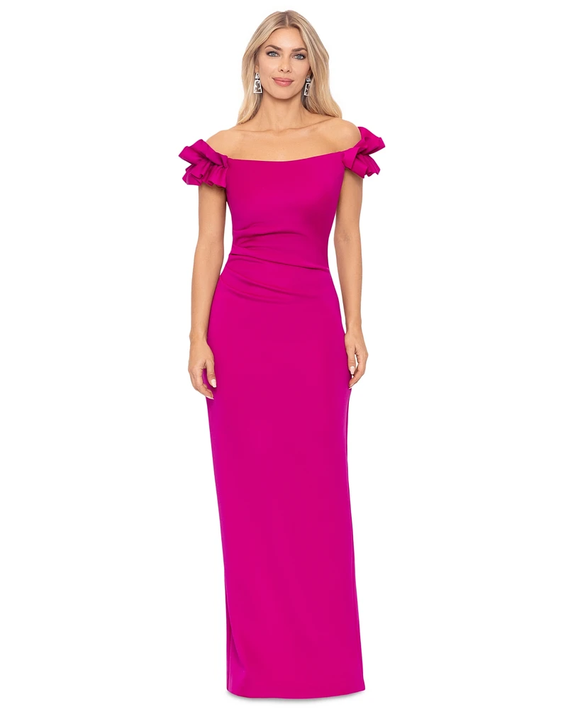 Xscape Petite Ruffled Ruched Off-The-Shoulder Gown