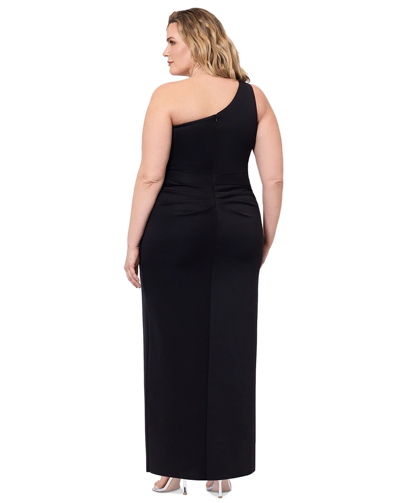 Xscape Plus One-Shoulder Long Ruffle Dress