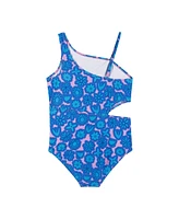 Child Girls Blue Floral Print One-Shoulder Swimsuit