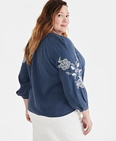 Style & Co Plus Size Embroidered Peasant Top, Created for Macy's