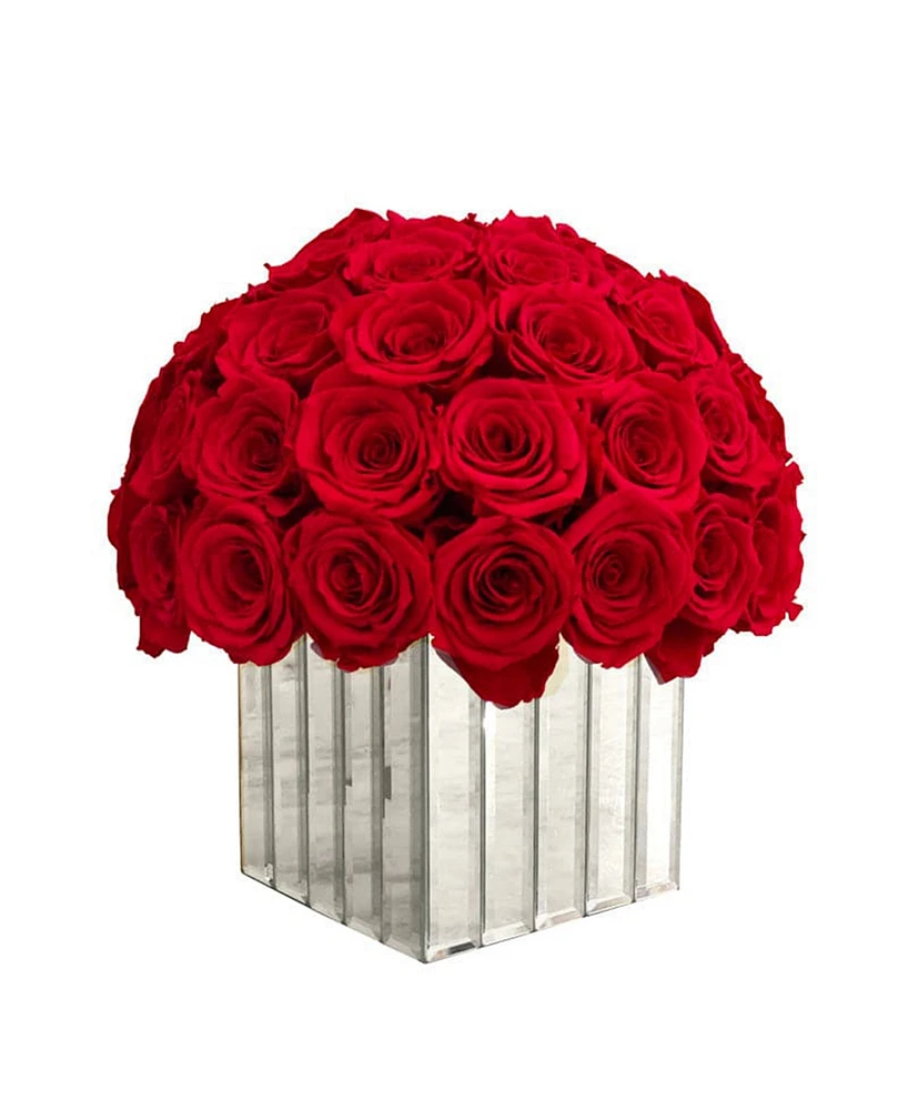 Rose Box Nyc Half Ball of Red Flame Long Lasting Preserved Real Roses in Modern Premium Vase, 55 Roses