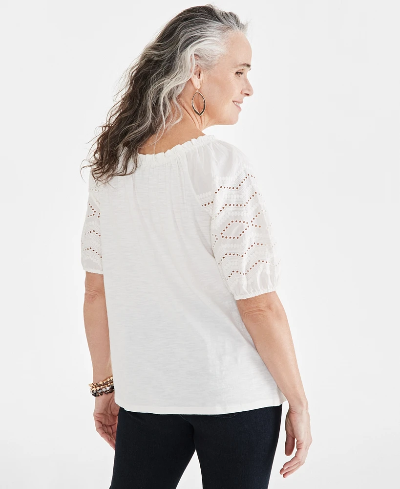 Style & Co Women's Cotton Mixed-Media Embroidered Blouse