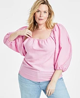 On 34th Trendy Plus Size Linen-Blend Volume-Sleeve Top, Created for Macy's