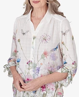 Alfred Dunner Petite Garden Party Watercolor Floral Button Down Blouse