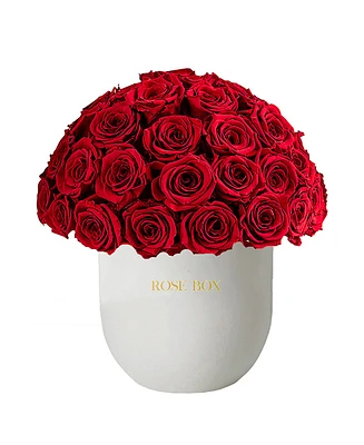 Rose Box Nyc Half Ball of Red Flame Long Lasting Preserved Real Roses in Premium Ceramic Vase, 50-55 Roses