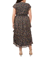 Msk Plus Floral-Print Flutter-Sleeve Fit & Flare Dress