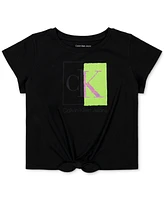 Calvin Klein Big Girls Split Monogram Sequin Logo Tie-Front T-Shirt
