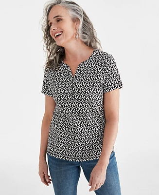 Style & Co Petite Printed Short-Sleeve Henley Top, Created for Macy's