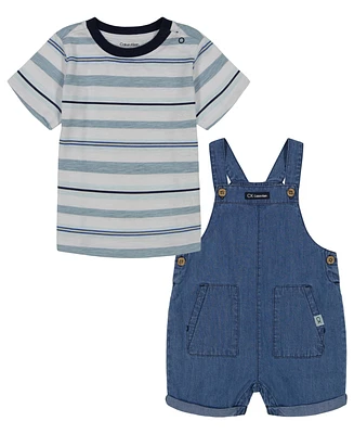 Calvin Klein Baby Boys Chambray Shortalls and Striped Short Sleeve T-shirt Set, 2 piece