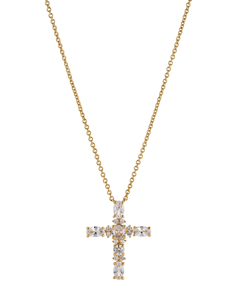 Eliot Danori 18k Gold-Plated Cubic Zirconia Cross Pendant Necklace, 16" + 2" extender, Created for Macy's