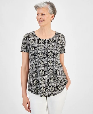 Jm Collection Women's Printed Short Sleeve Scoop-Neck Top, Created for Macy's