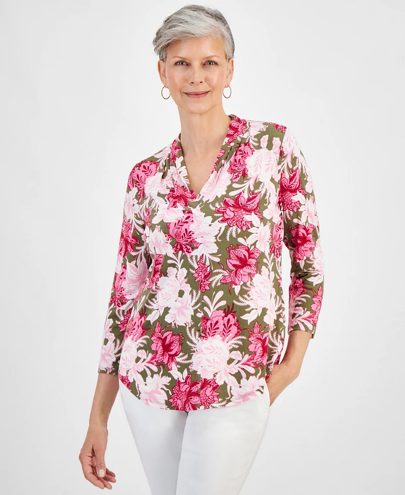 Jm Collection Women's Floral-Print 3/4 Sleeve Pleated-Neck Top, Created for Macy's