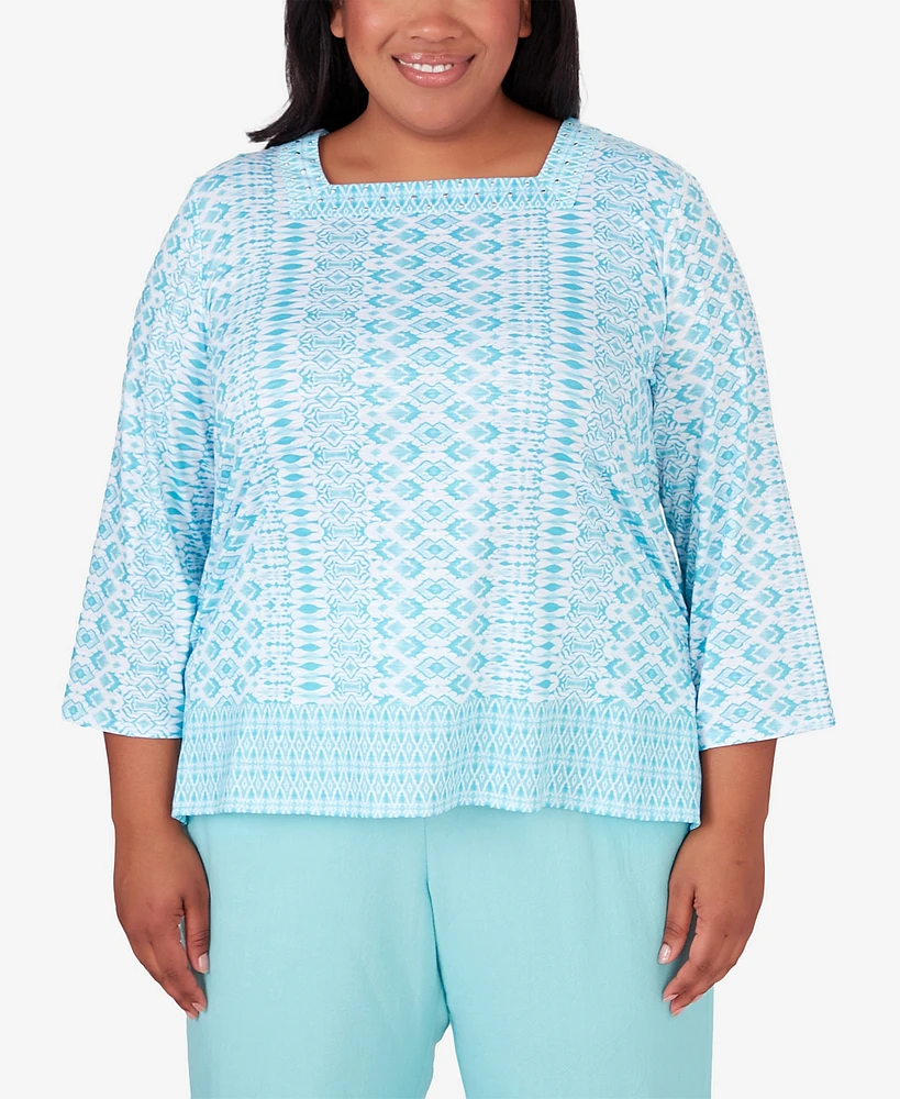 Alfred Dunner Plus Hyannisport Square Neck Geometric Border Top