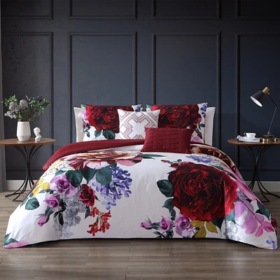 Bebejan Magenta Floral Bedding 100% Cotton 5 Piece Reversible Queen Comforter Set