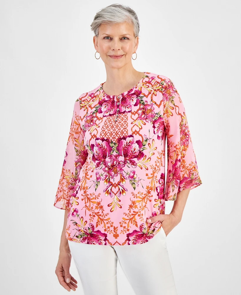 Jm Collection Petite Oasis Flora Split-Neck Top, Created for Macy's