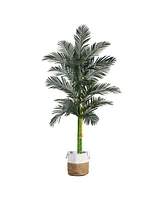 Nearly Natural 8ft. Golden Cane Artificial Palm Tree in Handmade Natural Cotton Planter