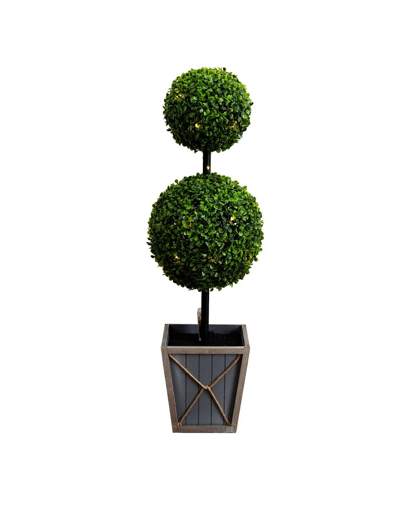 Nearly Natural 3ft. Uv Resistant Artificial Double Ball Boxwood Topiary with Led Lights in Decorative Planter Indoor/Outdoor