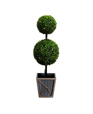 Nearly Natural 3ft. Uv Resistant Artificial Double Ball Boxwood Topiary with Led Lights in Decorative Planter Indoor/Outdoor