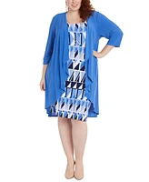 R & M Richards Plus Draped Long Cardigan and Printed Sleeveless Dress