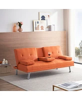 Simplie Fun 67" Orange Pu Multifunctional Double Folding Sofa Bed For Office With Coffee Table