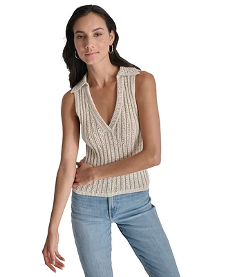 Dkny Jeans Women's Lacey Stitch Collared Sleeveless Sweater