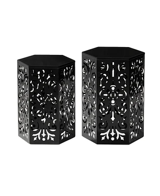 Glitzhome Multi-Functional Set of 2 Black Iron Cutout Floral Garden Stools or Planter Stand